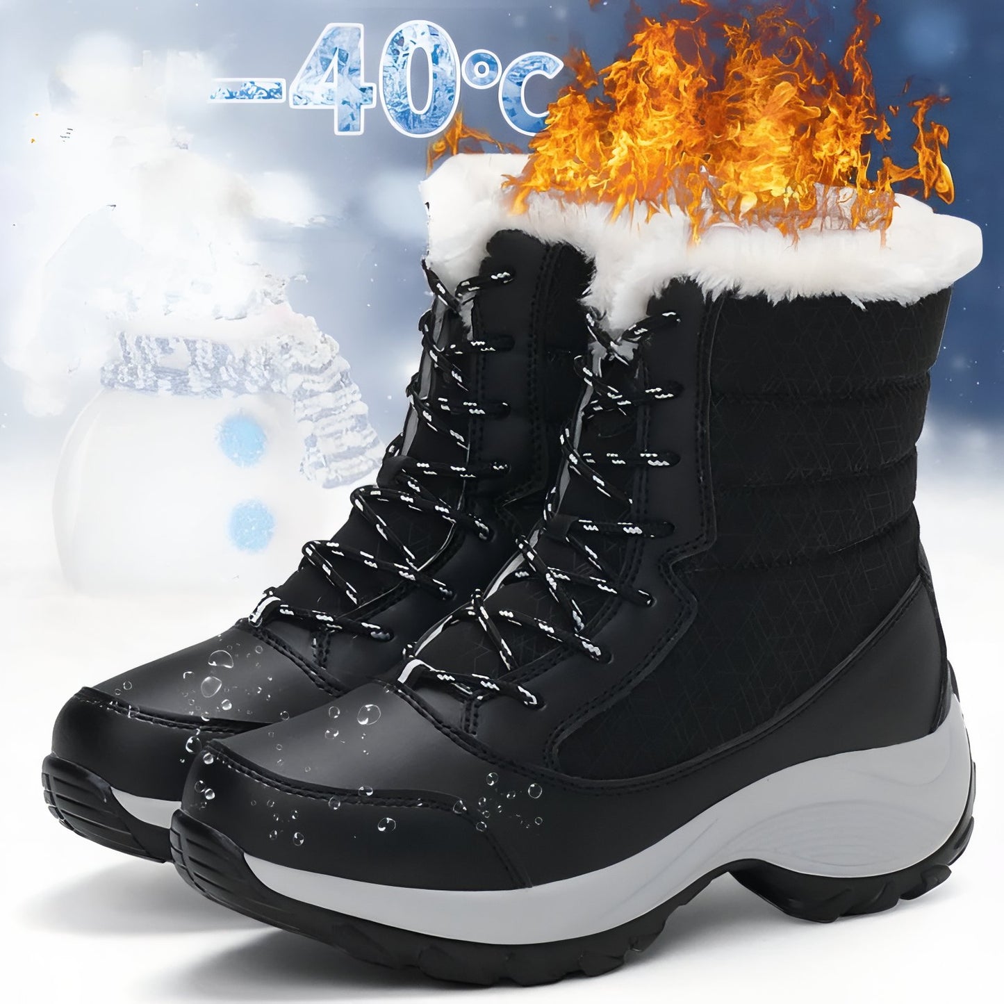 Bottes Randonnée Neige Femme gros plan sur les bottes - Bleu Marine et Blanc - Noir et Blanc - Beige et Blanc - Beige et Rouge