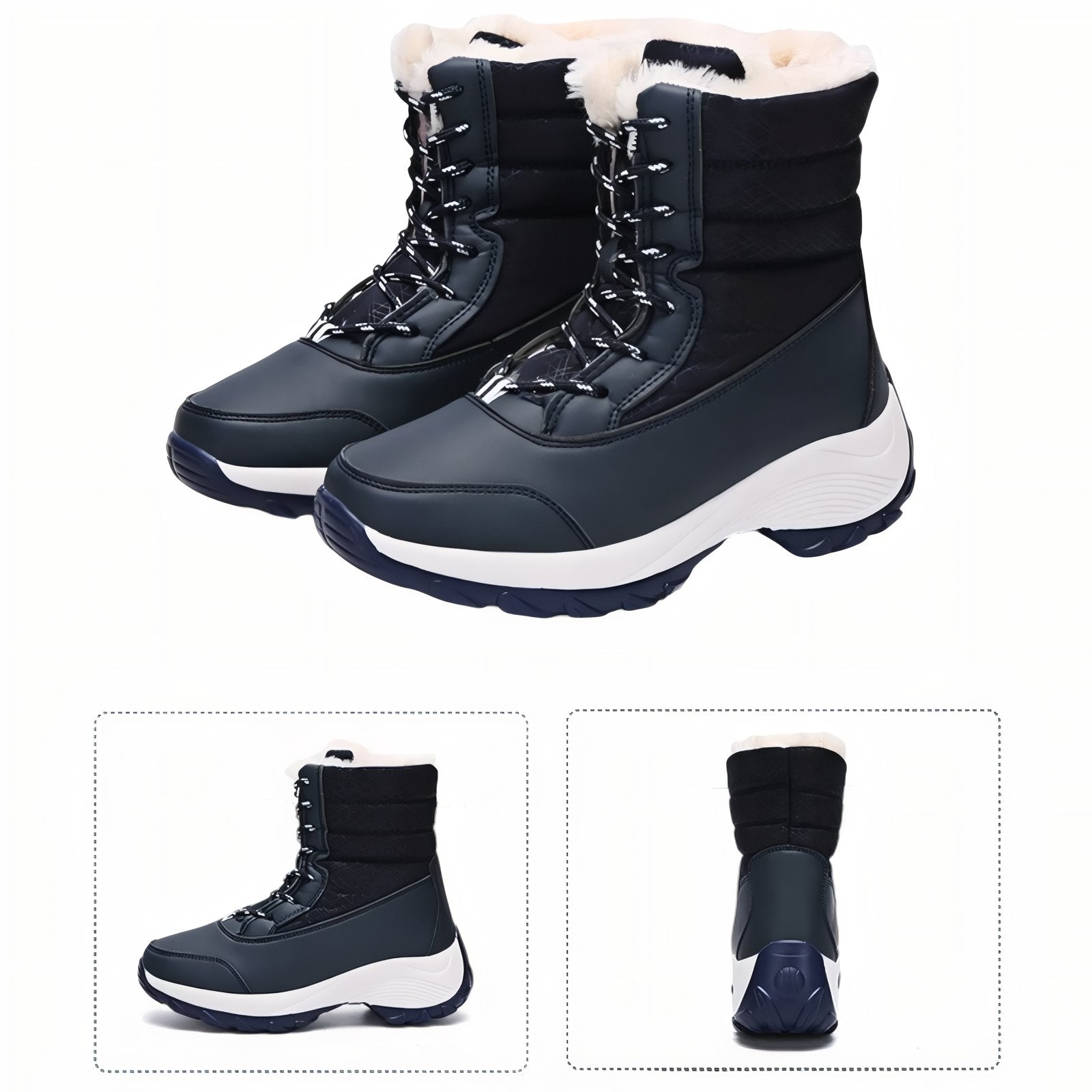 Bottes Randonnée Neige Femme vue de face et de côté - Bleu Marine et Blanc