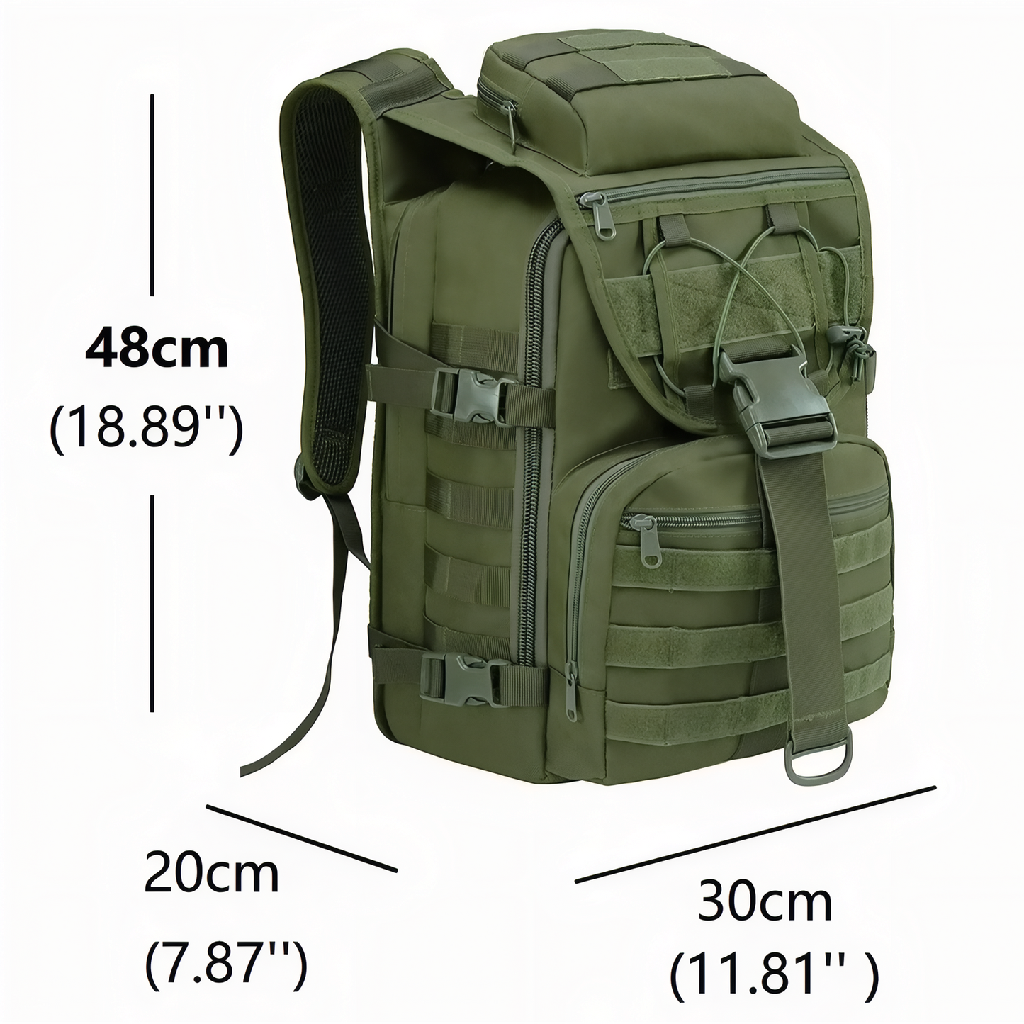Sac à Dos Militaire 40 Litres guide des dimensions - Vert Olive - Beige Sable - Noir - Gris