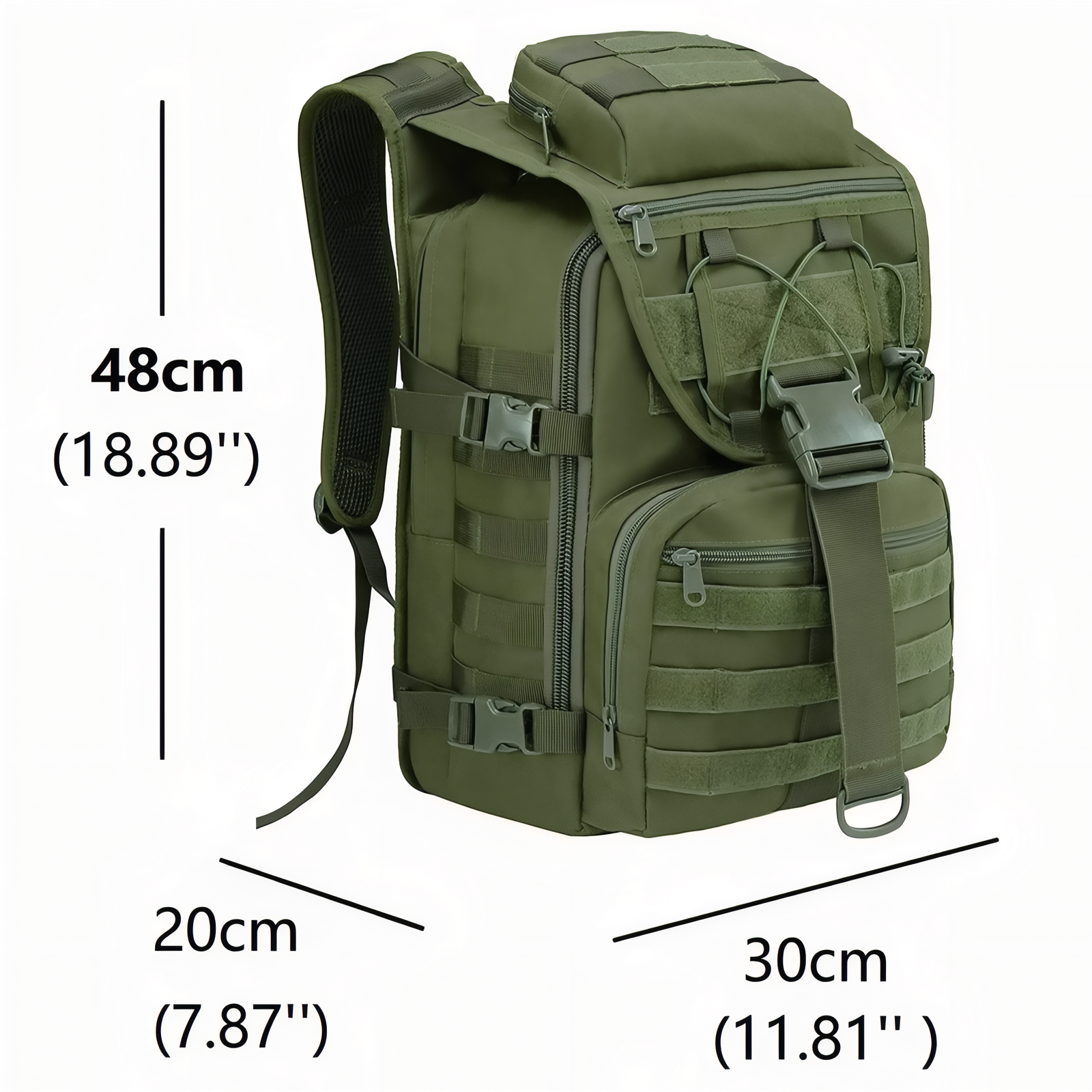 Sac à Dos Militaire 40 Litres guide des dimensions - Vert Olive - Beige Sable - Noir - Gris