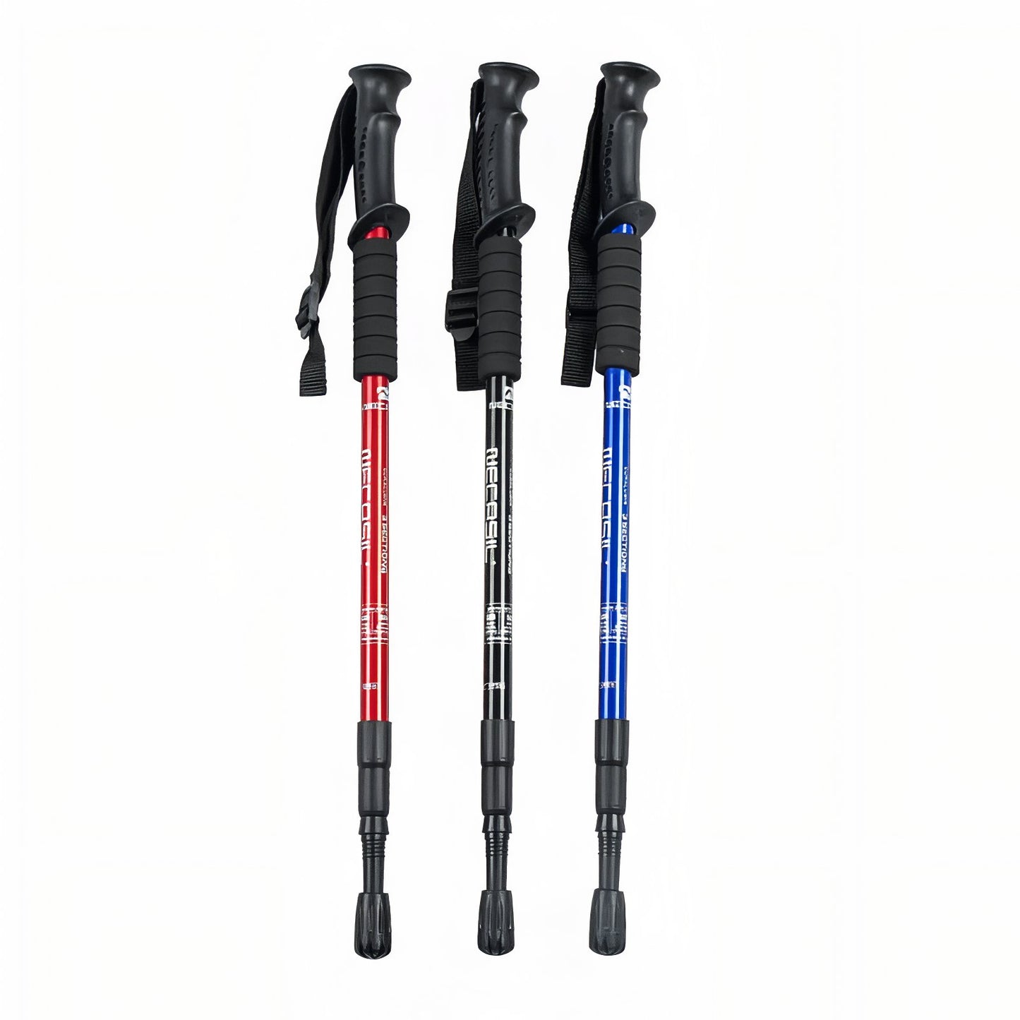 Bâton Randonnée Télescopique Léger trois bâtons alignés - Bleu Ciel - Noir - Rouge Cerise