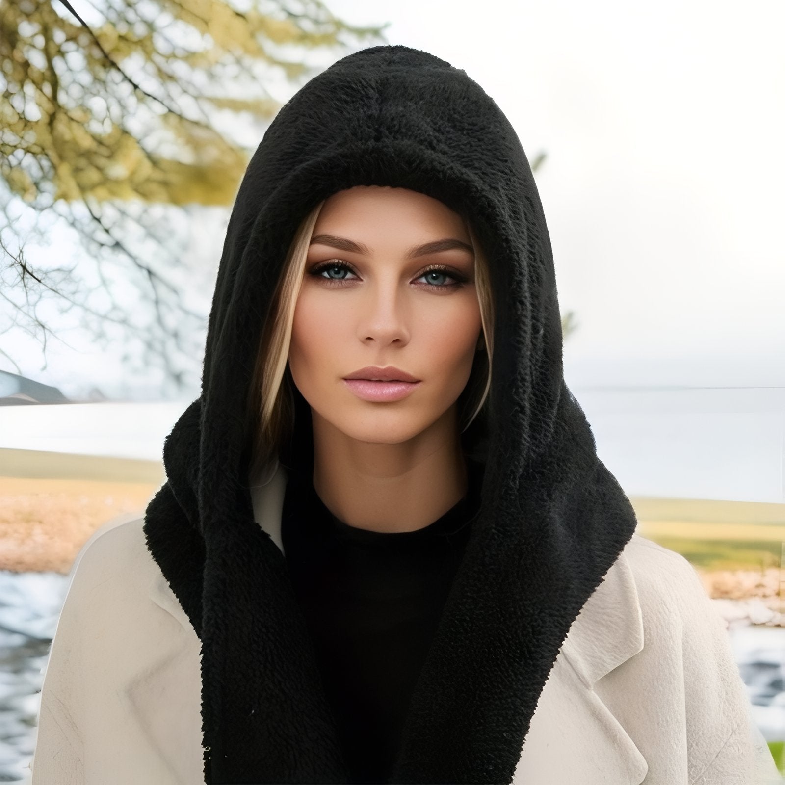 Capuche Echarpe Polaire Femme portée sur la tête - Noir