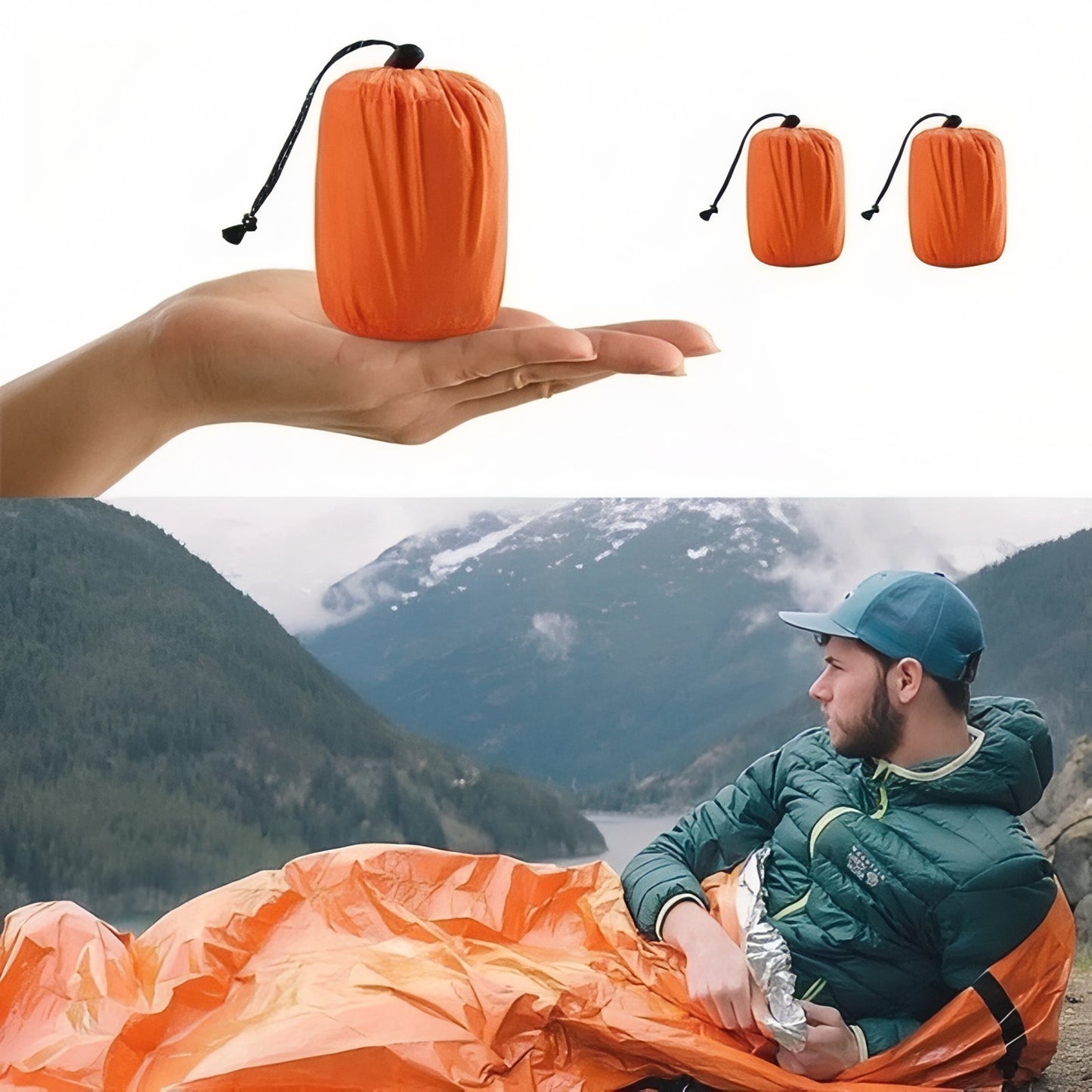 Couverture De Survie Sac De Couchage mise en situation extérieure - Orange Fluo - Vert