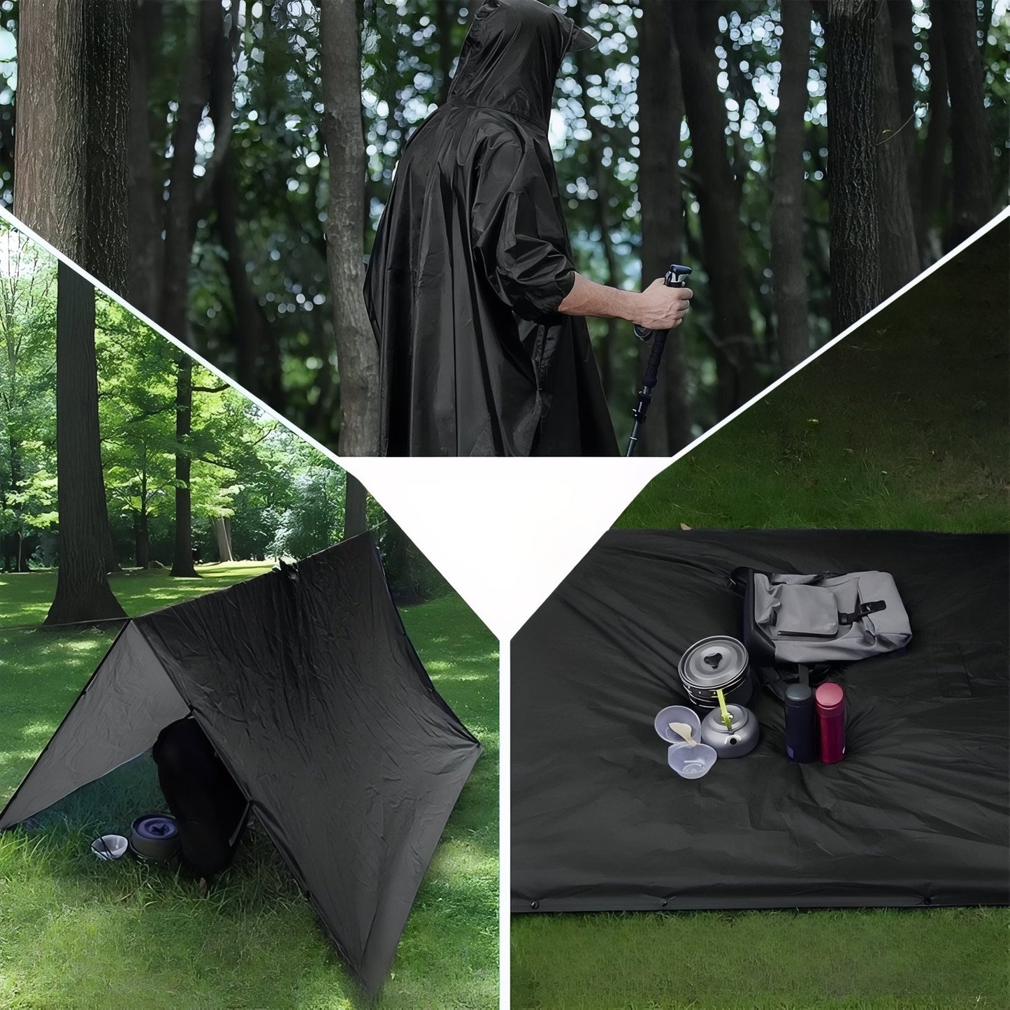 Poncho Pluie Randonnée portée avec bâton - Noir - Noir (avec poche du milieu) - Vert Olive (avec poche du milieu) - Vert Olive
