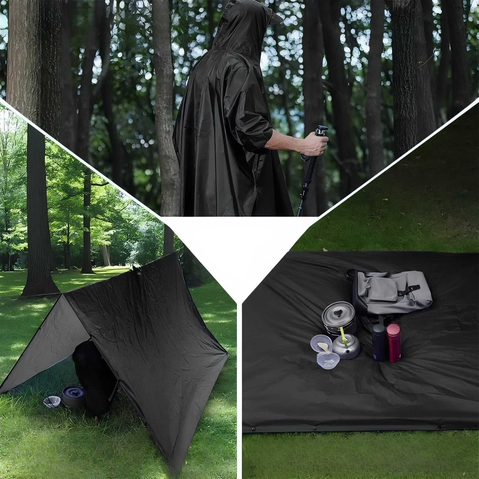 Poncho Pluie Randonnée portée avec bâton - Noir - Noir (avec poche du milieu) - Vert Olive (avec poche du milieu) - Vert Olive