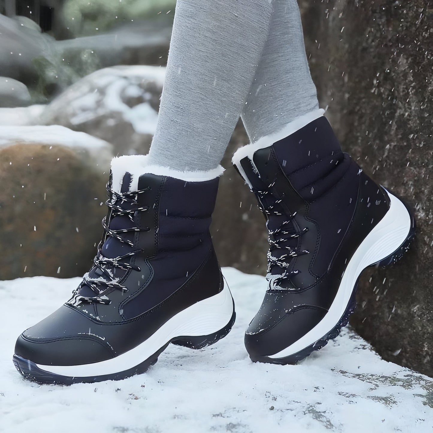 Bottes Randonnée Neige Femme portée en extérieur - Bleu Marine et Blanc - Noir et Blanc - Beige et Blanc - Beige et Rouge