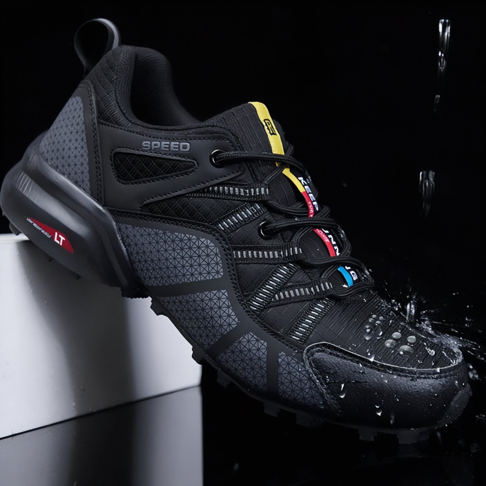 Baskets de Randonnée Imperméables gros plan sur la chaussure - Noir - Noir et Rouge - Noir et Bleu