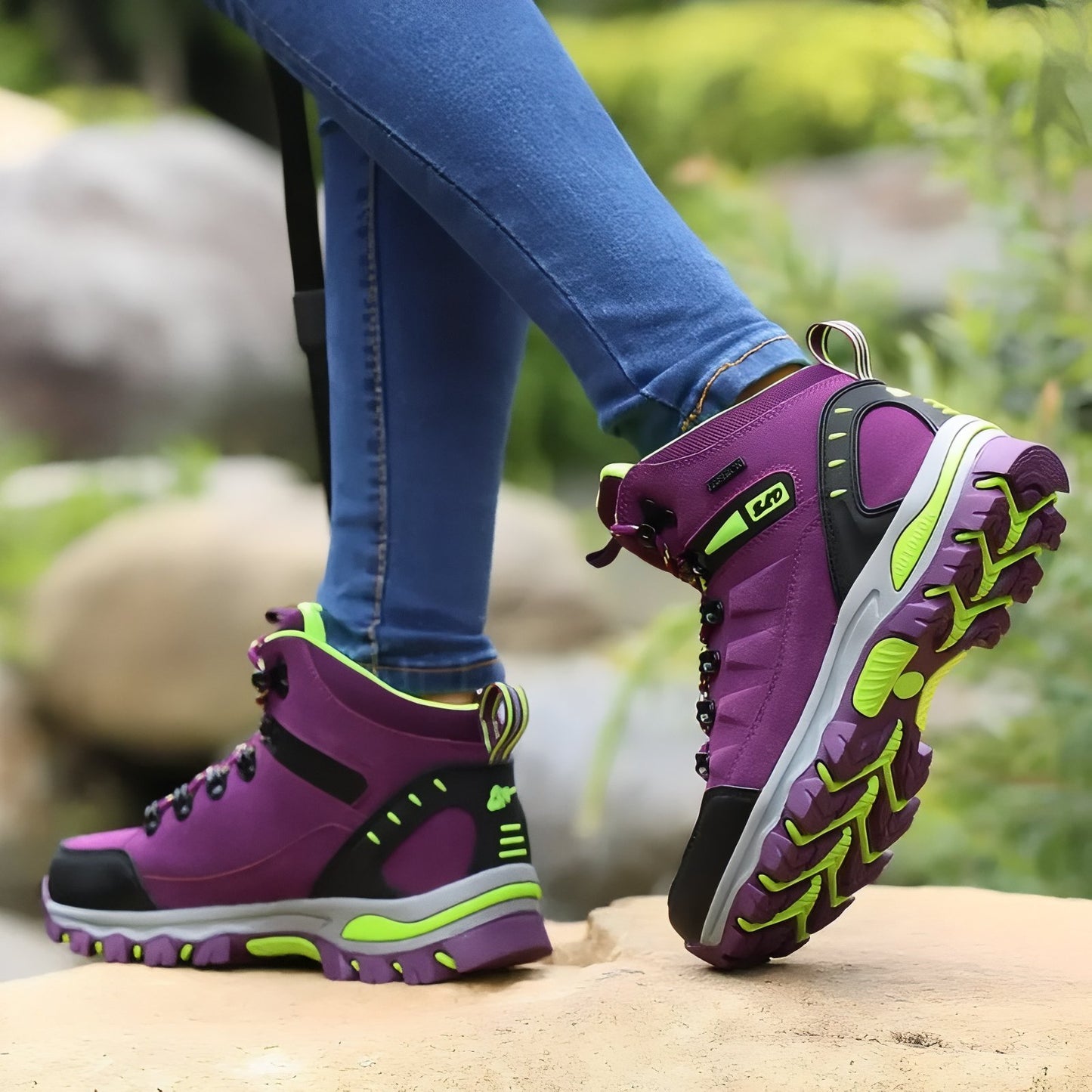 Chaussure Haute Randonnée Femme portée à la main - Vert Fluo et Violet - Noir et Fuchsia - Gris et Fuchsia