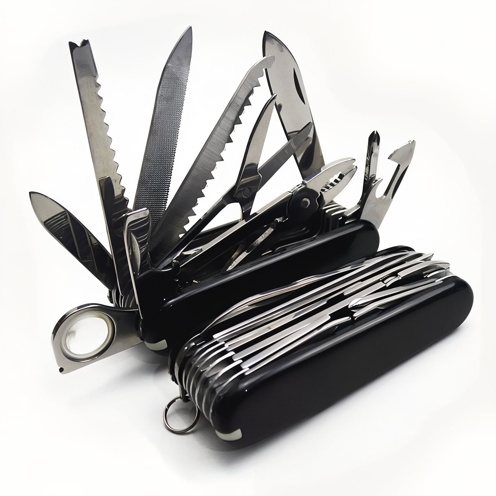 Couteau Multifonction Randonnée 30 Fonctions gros plan outils déployés - Noir