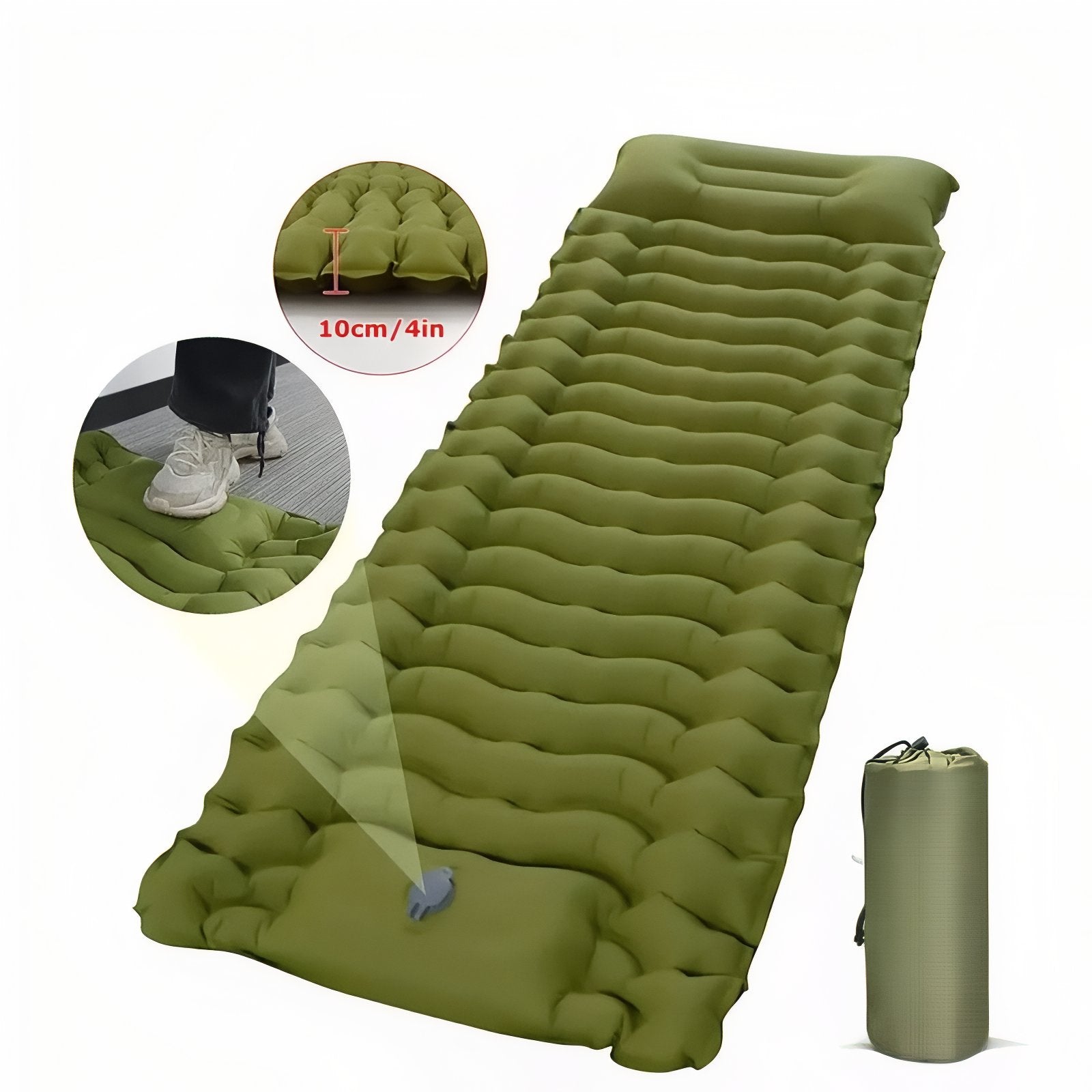 Matelas Gonflable Camping 65 cm De Large gros plan valve - Vert Olive - Bleu Nuit