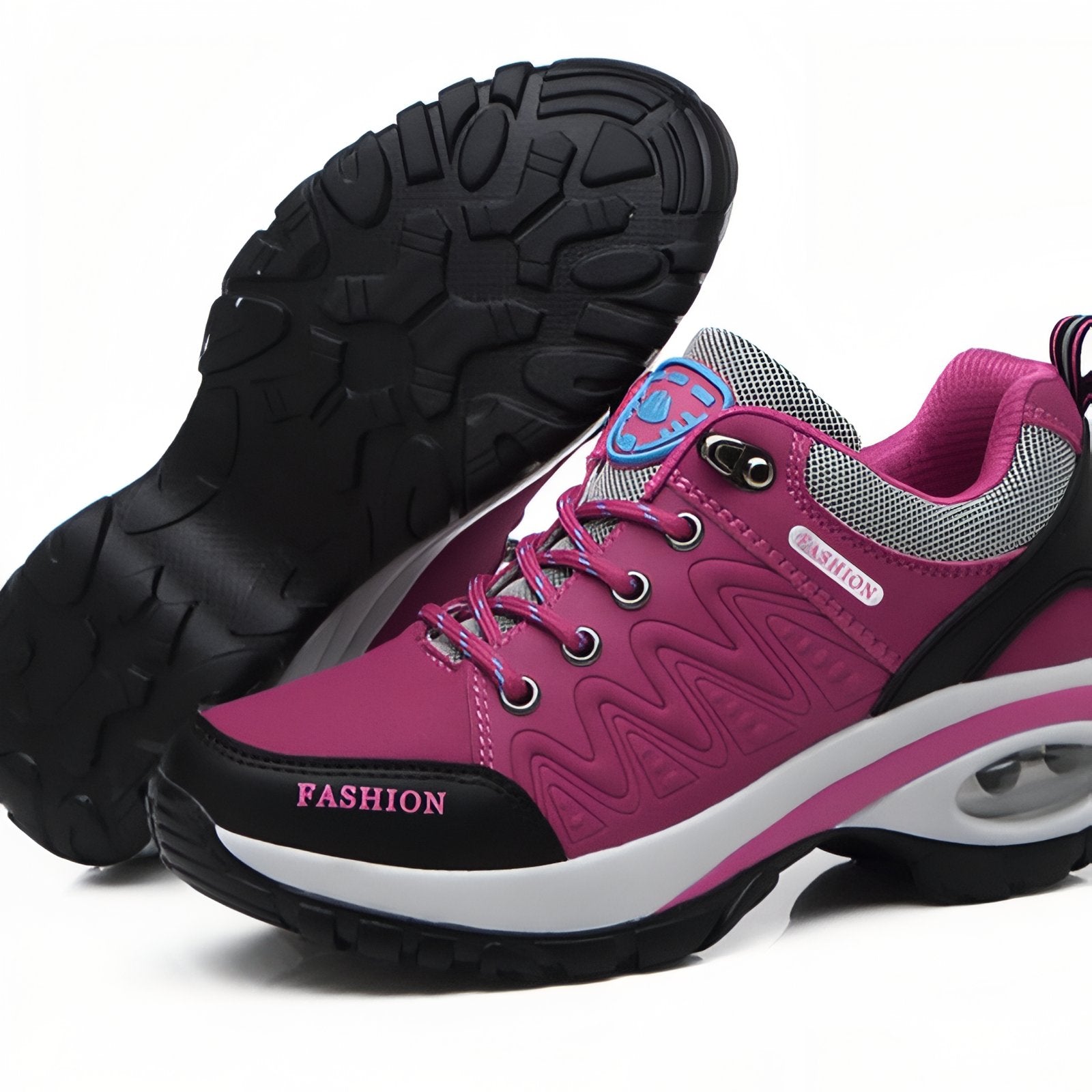 Basket Confortable Marche Femme gros plan semelle - Violet Fuchsia - Noir et Rose - Rose et Noir