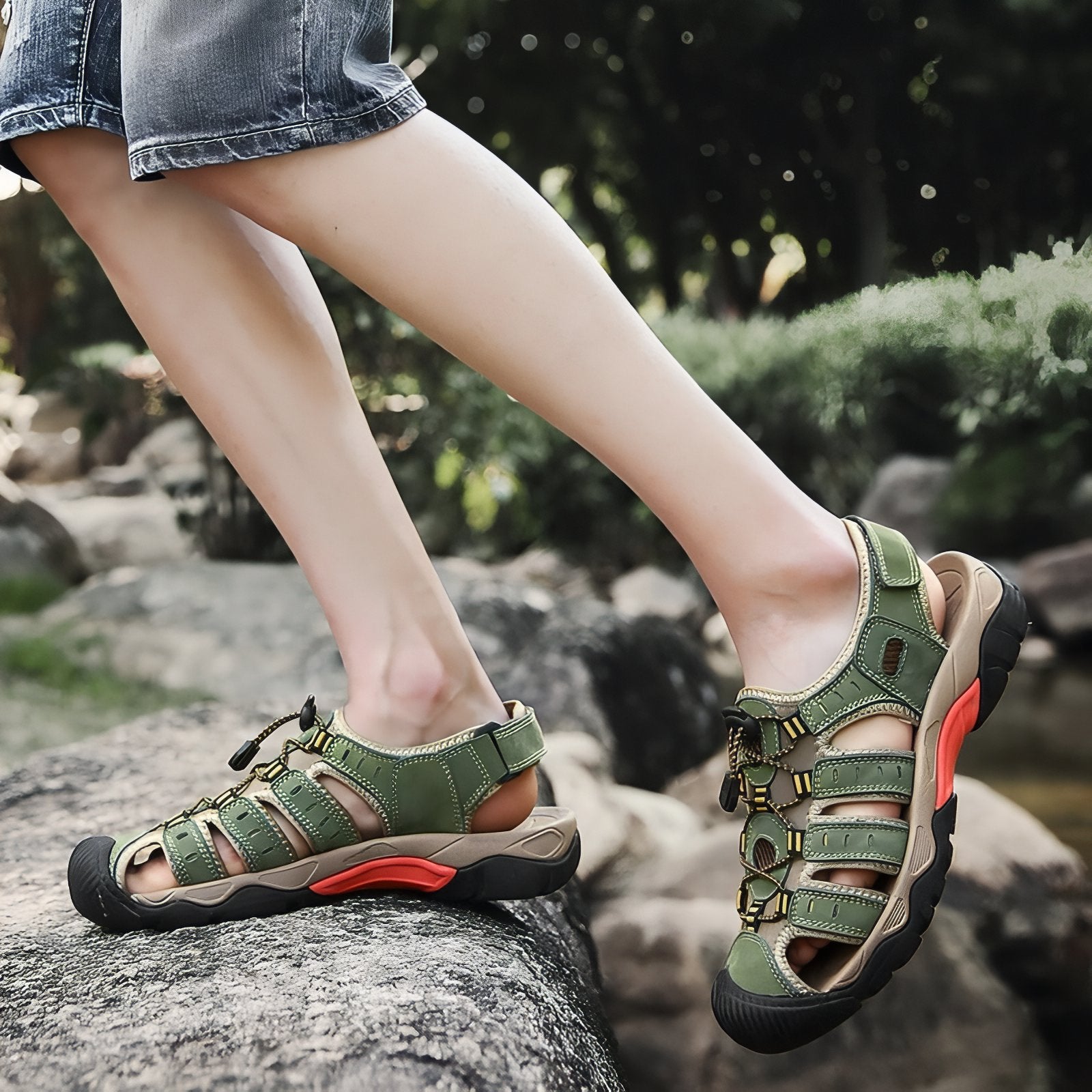 Sandales Randonnée Cuir Homme portée en extérieur - Marron Clair - Marron Foncé et Beige - Vert Olive et Beige - Marron et Beige - Noir et Beige - Vert Foncé et Beige