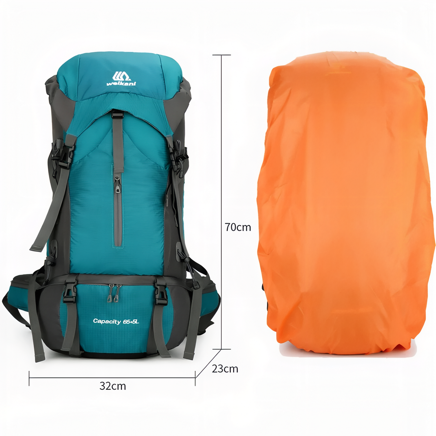 Sac à Dos Rando Avec Protection Pluie 70L guide des dimensions - Turquoise et Noir - Bleu Marine et Gris - Orange et Gris - Noir et Orange