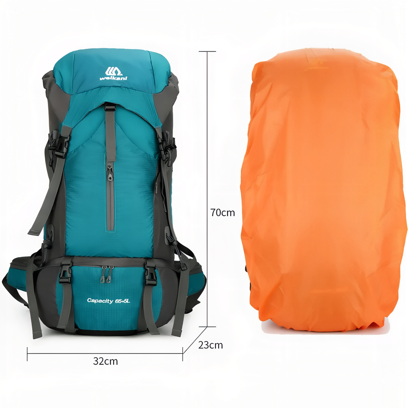 Sac à Dos Rando Avec Protection Pluie 70L guide des dimensions - Turquoise et Noir - Bleu Marine et Gris - Orange et Gris - Noir et Orange