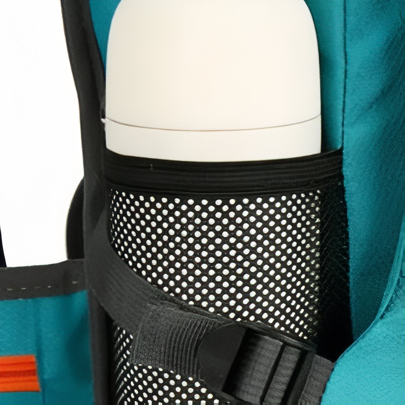 Sac à Dos Randonnée Avec Trou Pour Poche À Eau gros plan poche latérale - Turquoise et Orange - Bleu Marine et Rouge - Noir et Bleu