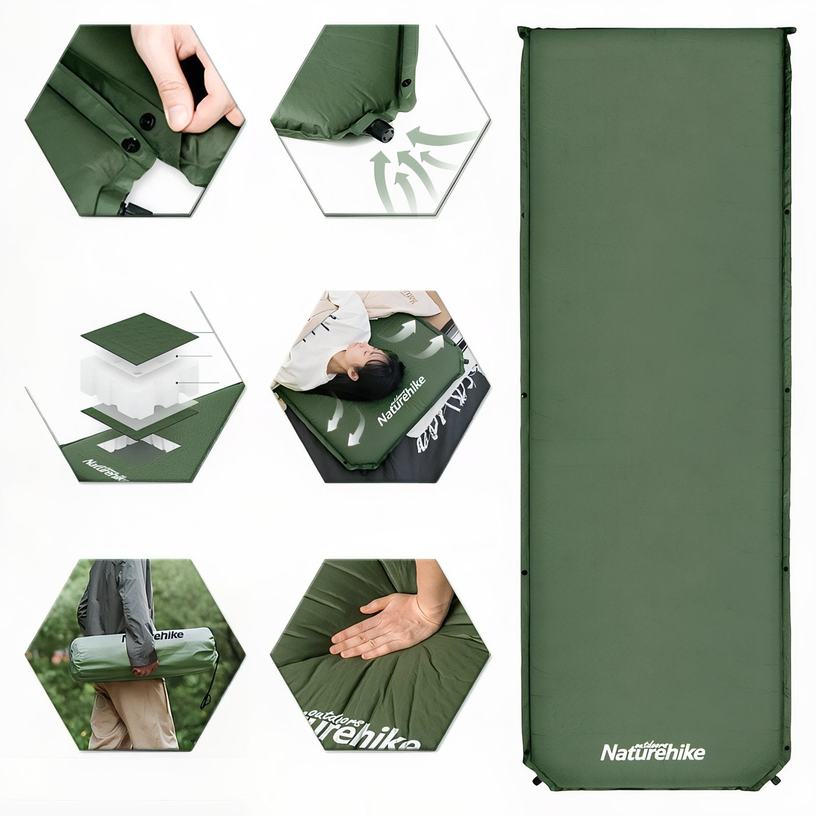 Matelas De Camping Autogonflant 1 Personne gros plan fermeture zippée - Vert Foncé - Gris Foncé - Beige Clair