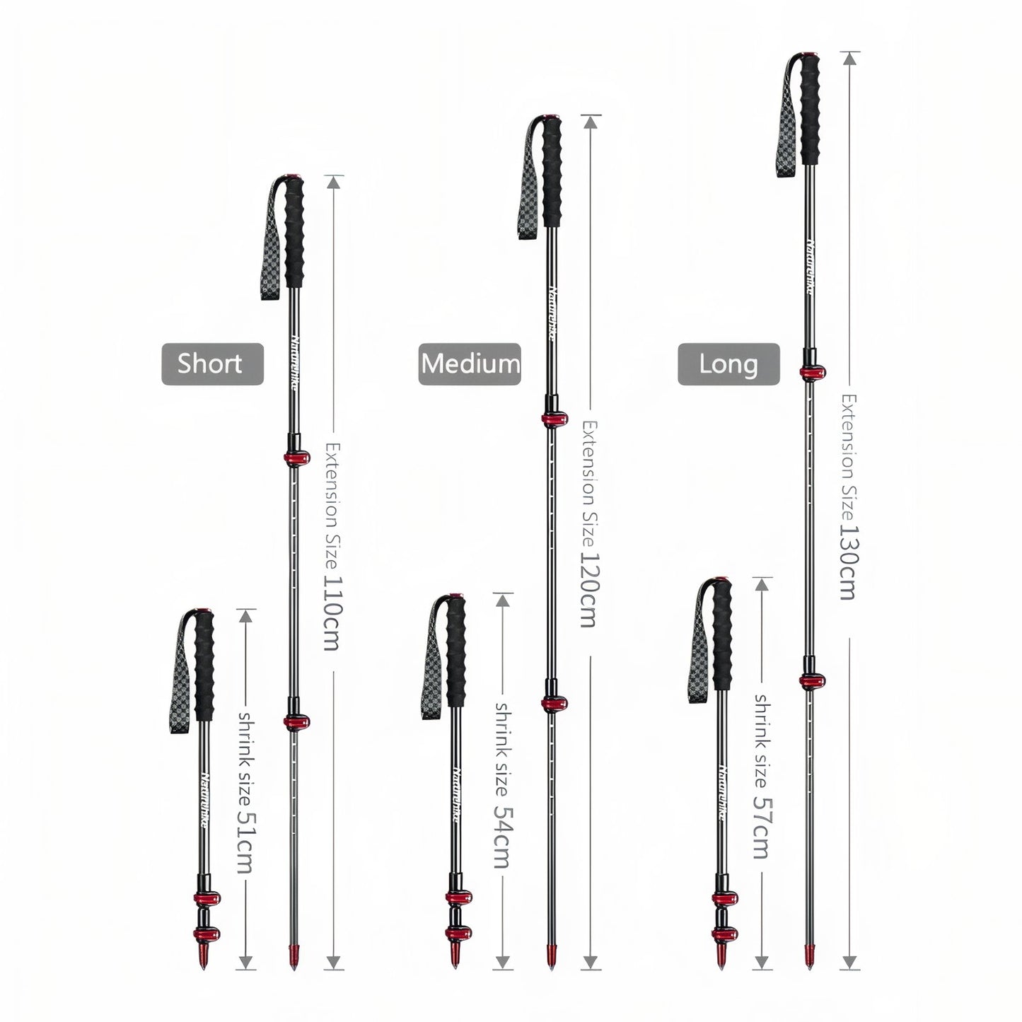 Bâton de Randonnée Télescopique Carbone guide des dimensions - Bleu et Noir - Rouge et Noir