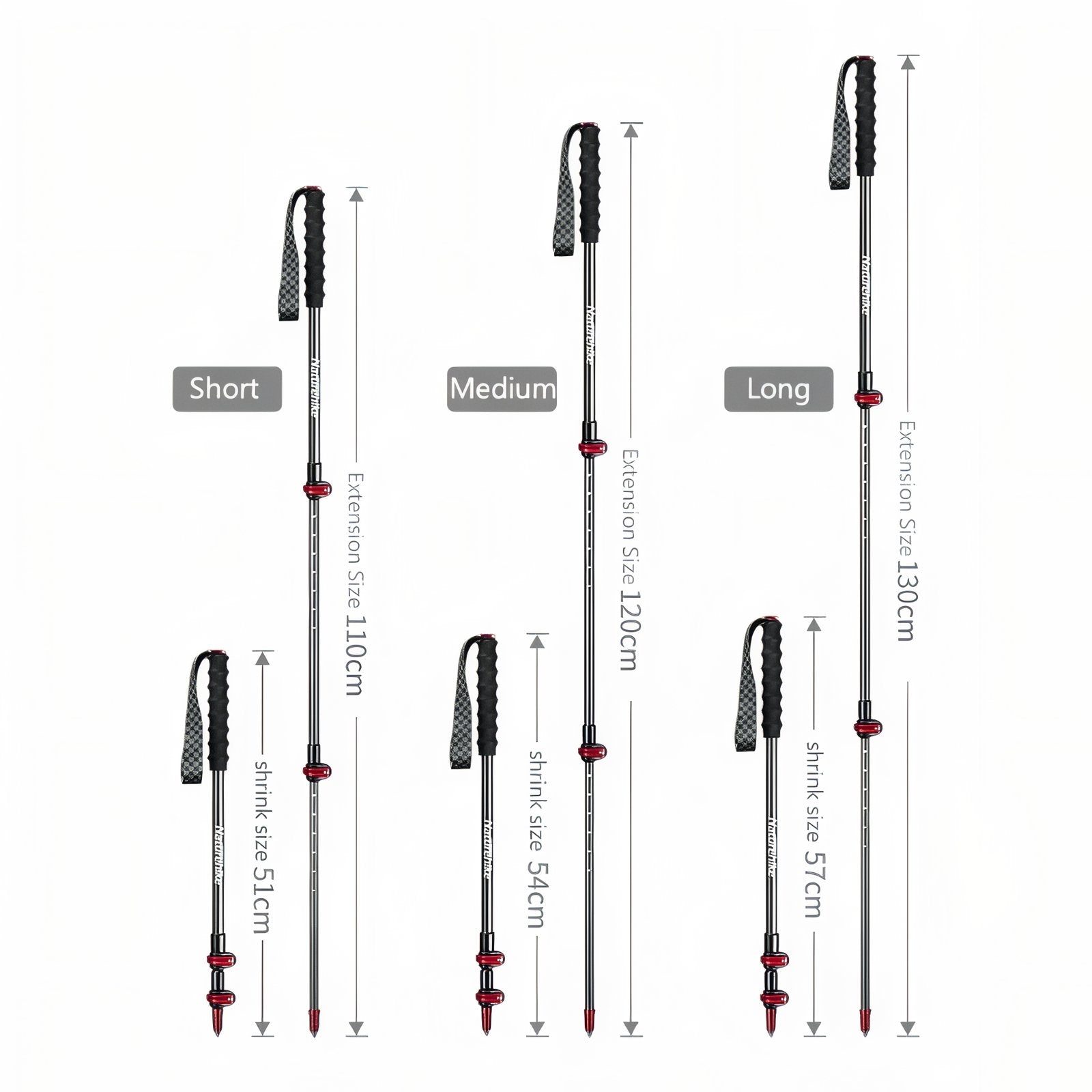 Bâton de Randonnée Télescopique Carbone guide des dimensions - Bleu et Noir - Rouge et Noir