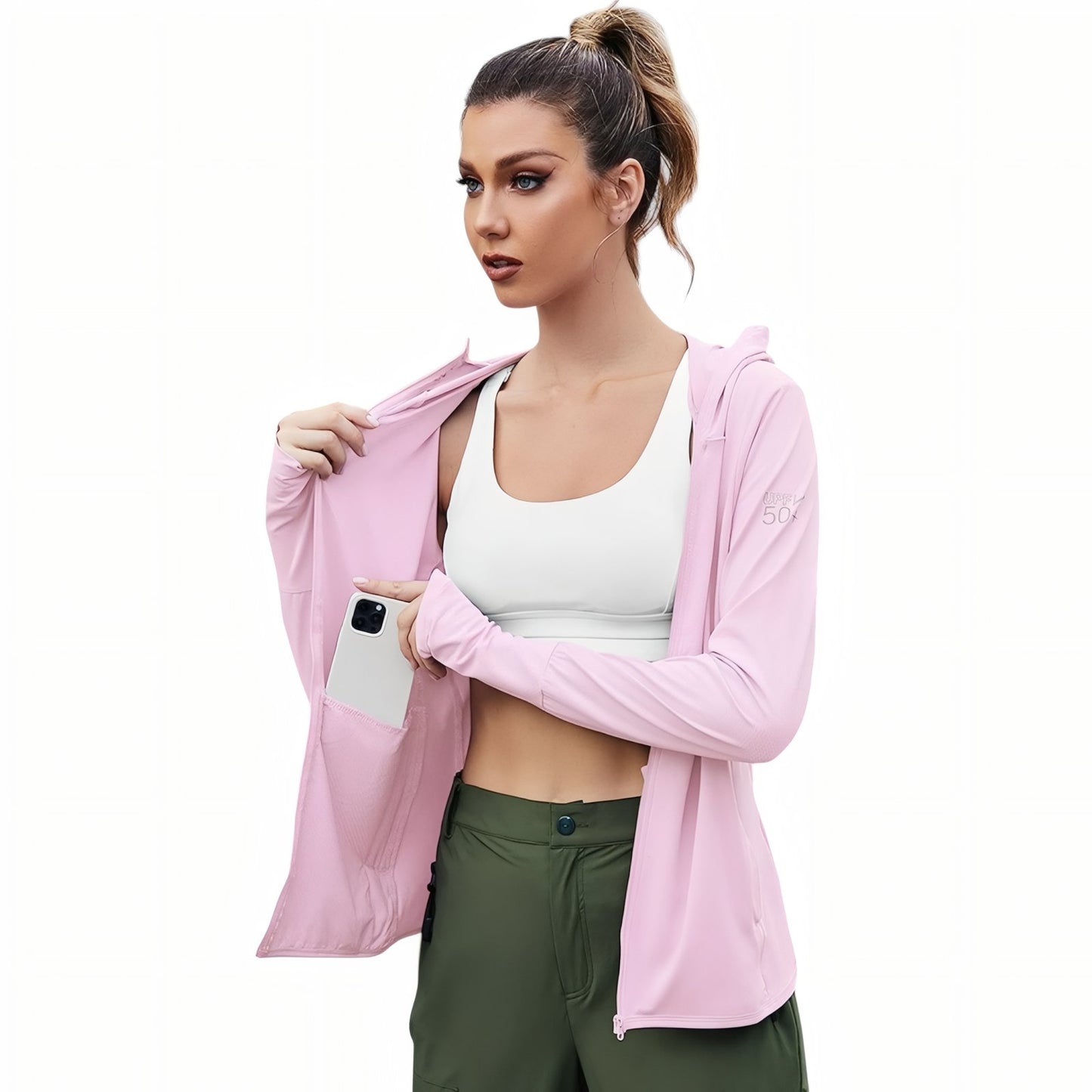 Veste Capuche Légère Randonnée Femme UPF 50+ compartiment ouvert - Rose - Bleu Pâle - Violet - Gris - Blanc