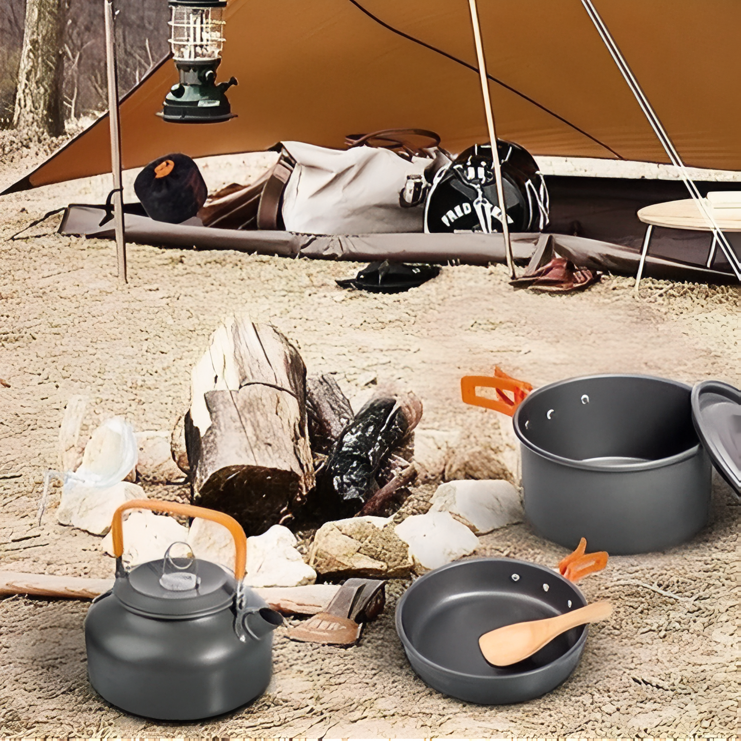 Popote Trek 2 Personnes mise en situation camping - Noir et Orange - Gris et Vert Fluo