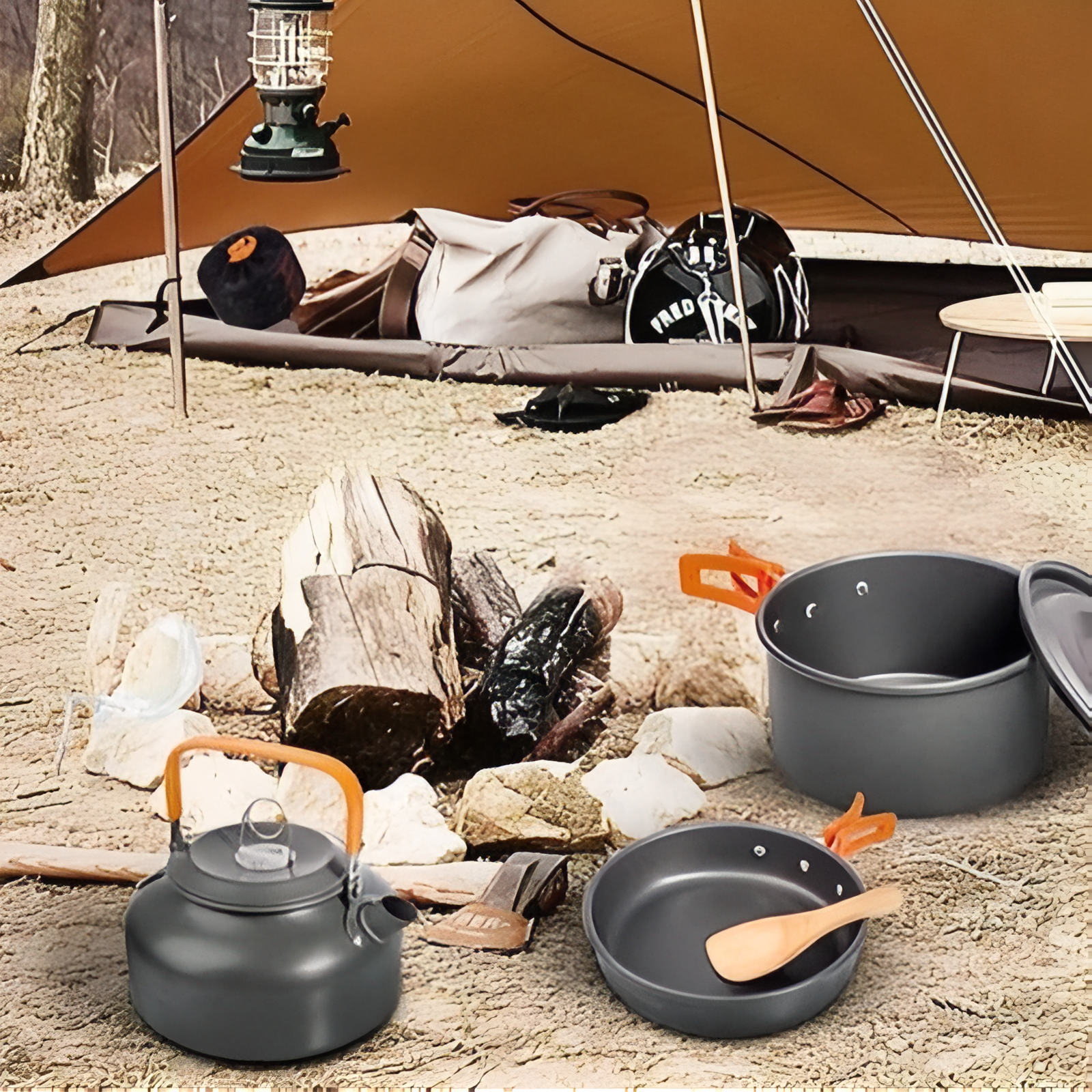 Popote Trek 2 Personnes mise en situation camping - Noir et Orange - Gris et Vert Fluo
