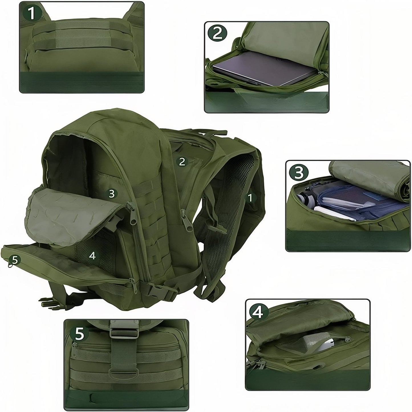 Sac à Dos Militaire 40 Litres compartiment ouvert - Vert Olive - Beige Sable - Noir - Gris