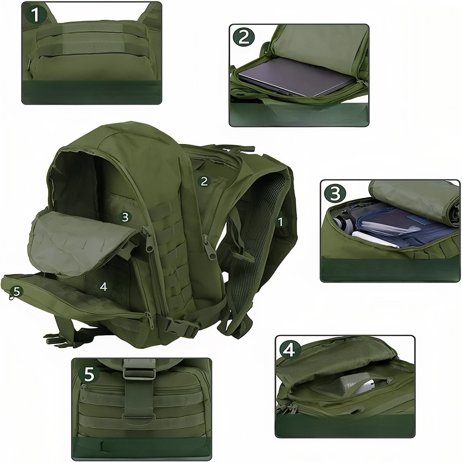 Sac à Dos Militaire 40 Litres compartiment ouvert - Vert Olive - Beige Sable - Noir - Gris