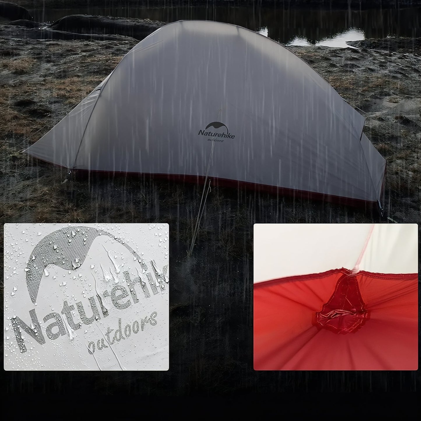 Tente 1 Personne Randonnée mise en situation sous la pluie - Beige et Rouge - Vert Pomme - Vert Foncé