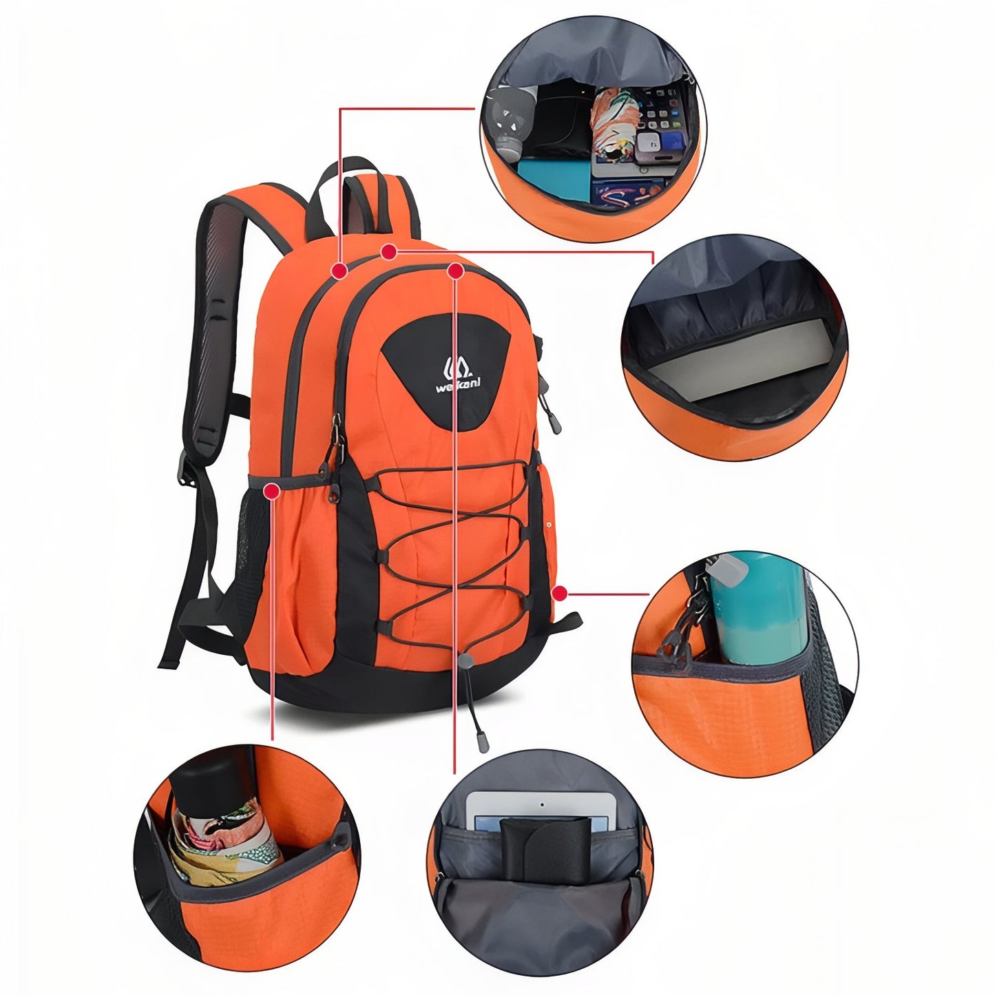 Petit Sac à Dos de Randonnée gros plan compartiments intérieurs - Bleu Nuit - Noir et Gris - Turquoise et Gris - Bleu Ciel - Violet Foncé - Orange et Noir
