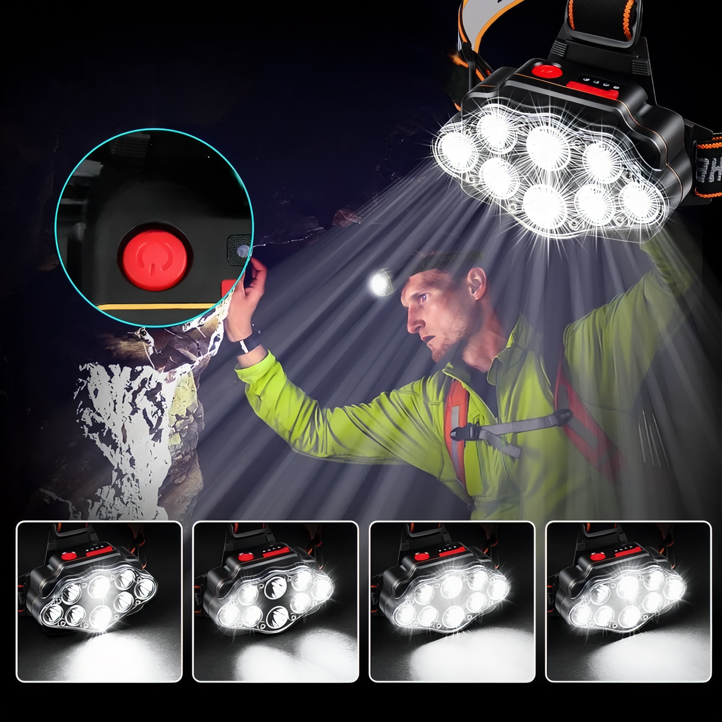 Lampe Frontale de Randonnée Rechargeable 9 Leds gros plan bouton d'alimentation - Noir