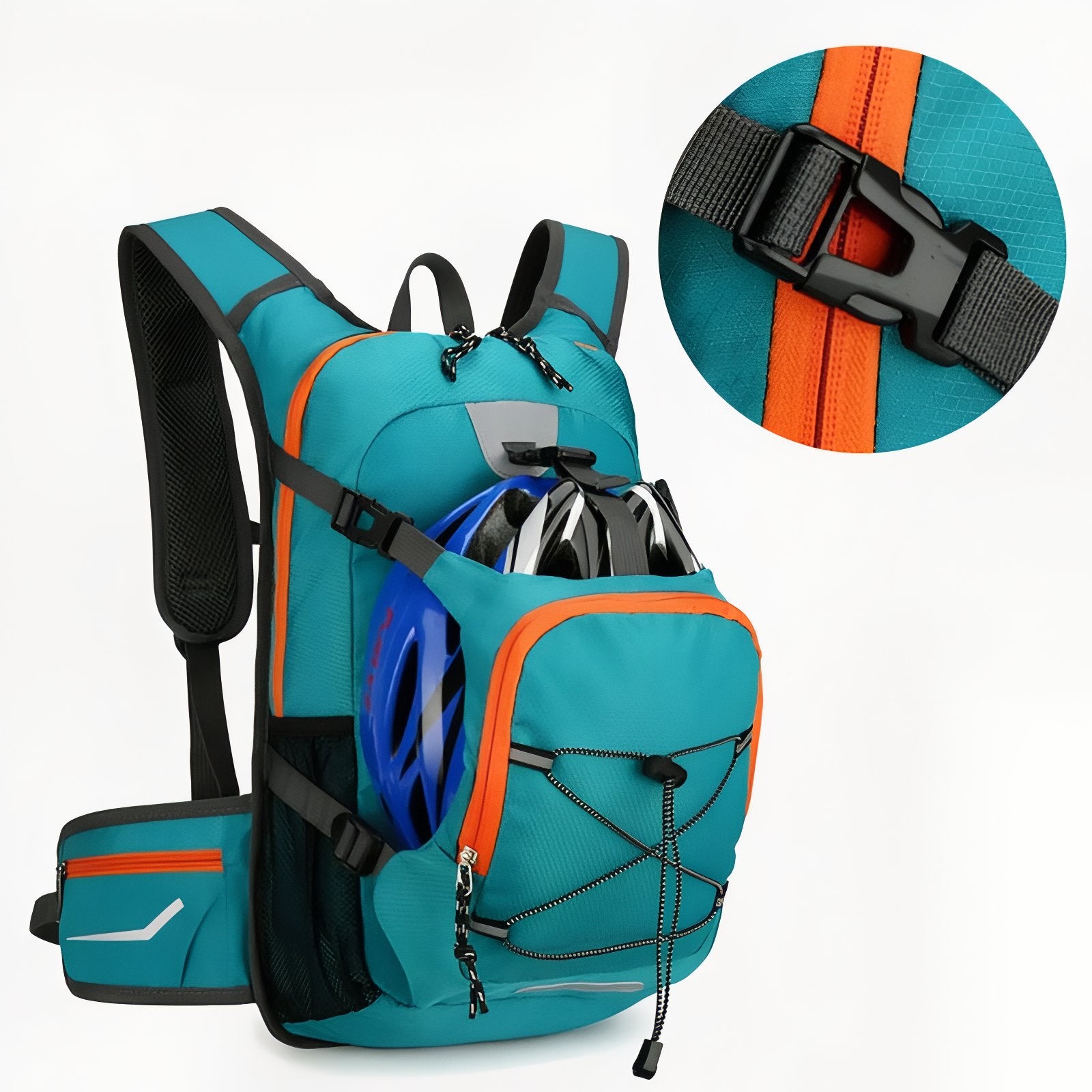 Sac à Dos Randonnée Avec Trou Pour Poche À Eau gros plan fermeture zippée - Turquoise et Orange - Bleu Marine et Rouge - Noir et Bleu
