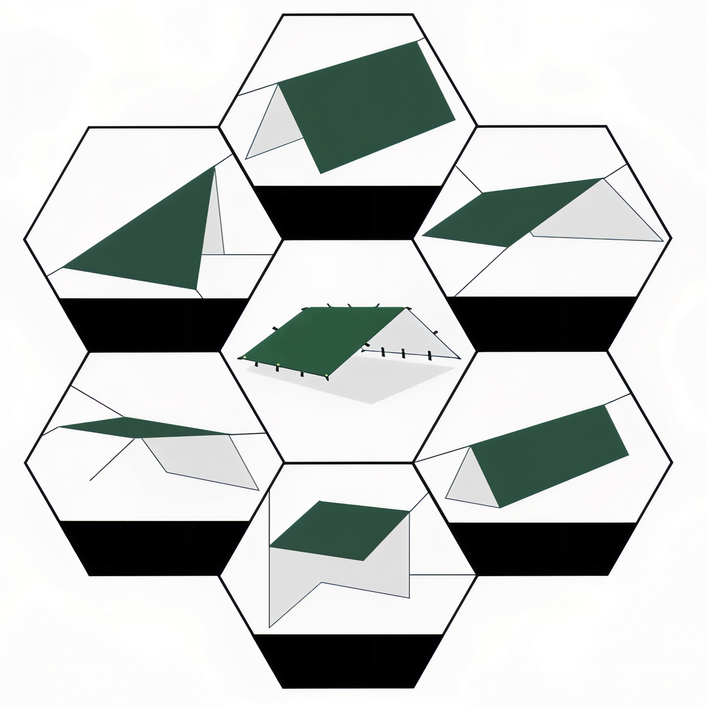 Bâche de Randonnée différentes positions - Vert Militaire - Vert - Noir - Beige