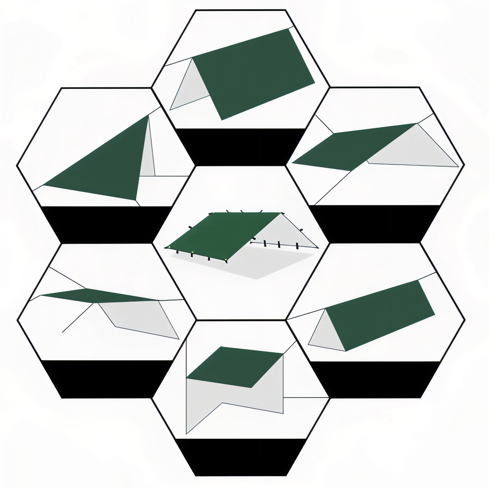 Bâche de Randonnée différentes positions - Vert Militaire - Vert - Noir - Beige
