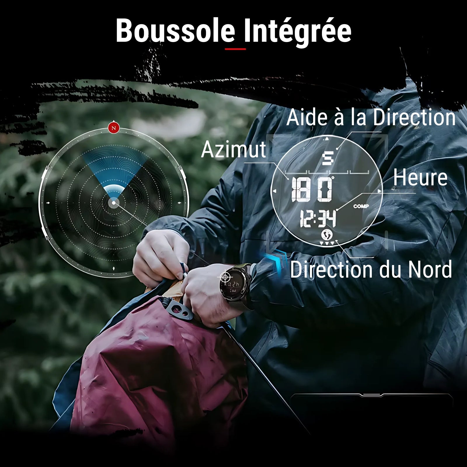Montre Digitale Randonnée en Carbone portée à la main - Vert Olive - Noir et Gris