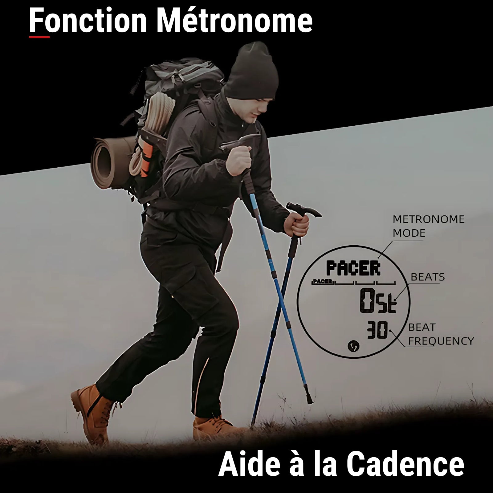 Montre Digitale Randonnée en Carbone portée en randonnée - Vert Olive - Noir et Gris