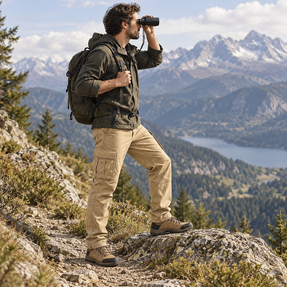 Pantalon cargo randonnée homme beige, porté avec jumelles en montagne